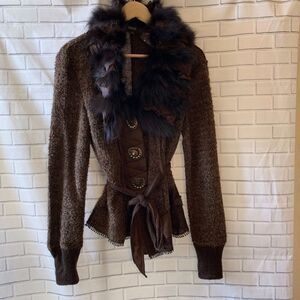 Fantazia Brown Slub Knit Cardigan Fur Collar Sz S